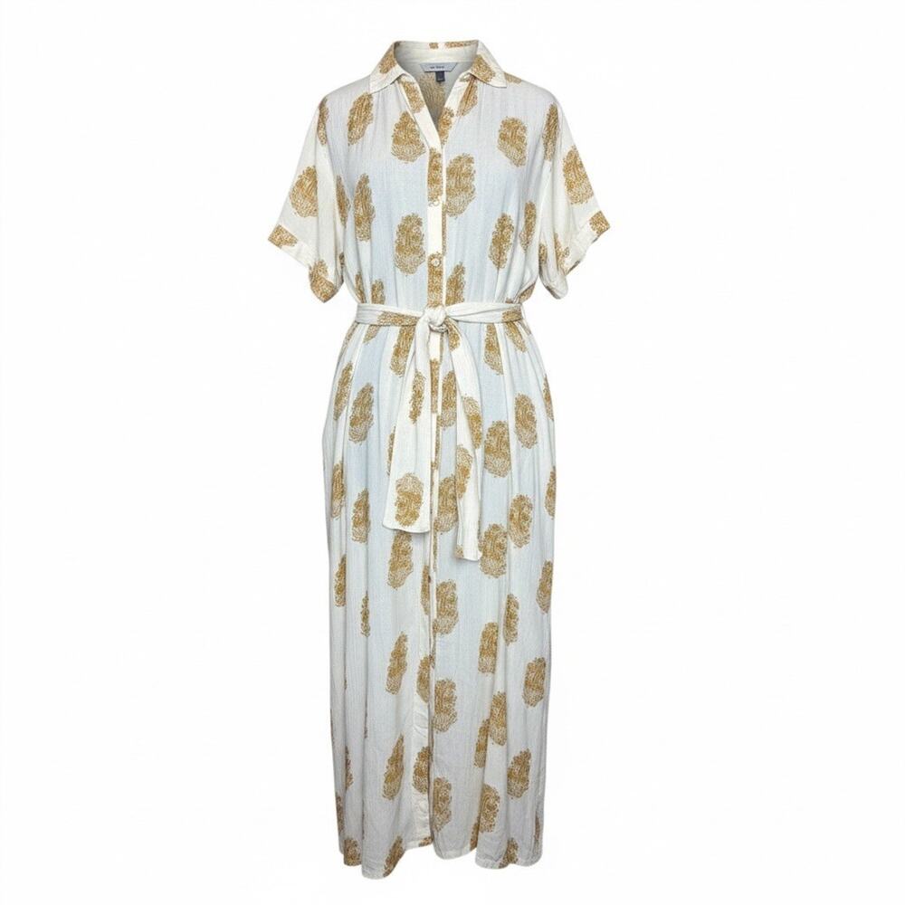 Natura Leaf Print Shirt Dress Cream Front Tie Waist Collared Boho Resort M